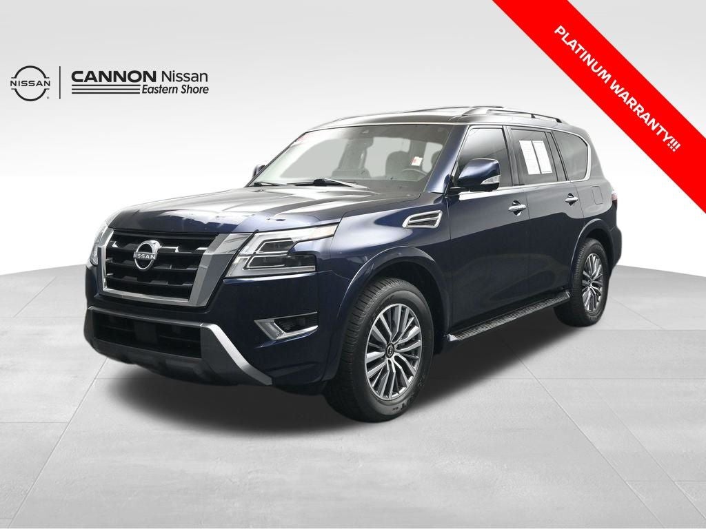 2023 Nissan Armada SL in Hermosa Blue Pearl — front three-quarter view