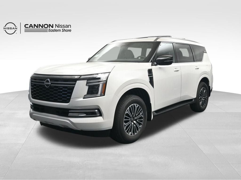 2026 Nissan Armada Platinum in Aspen White Tricoat — front three-quarter view